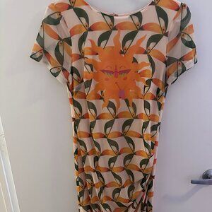 Farm Rio Anthropologie Printed Mesh Toucan Bird Sun Midi Fitted Dress